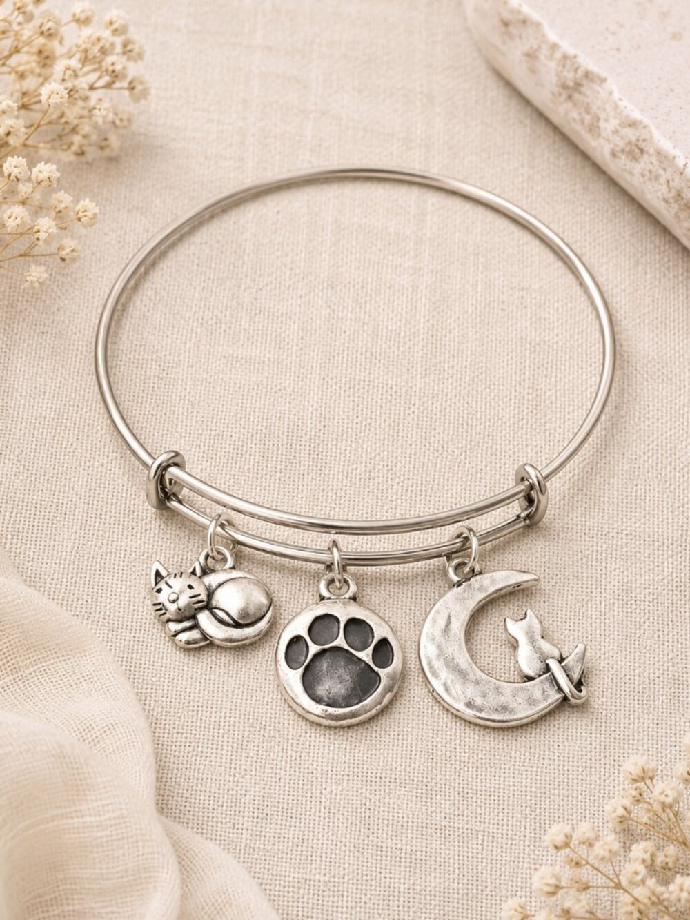 Silver Cat Moon Paw Print Charm Bracelet Expandable Cat Lover Gift